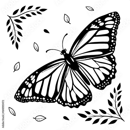 "Classic woodcut print of a monarch butterfly in black and white, finely carved wing veins, centered and symmetrical, plain white backdrop, timeless decorative art style."