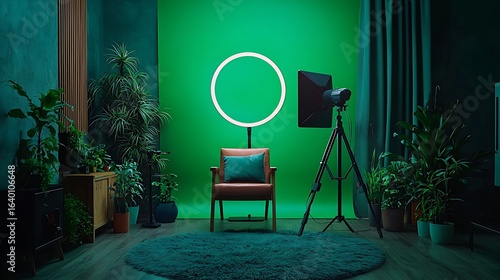 A minimalist content creators home studio featuring a key green screen backdrop, ring light, ergonomic chair.