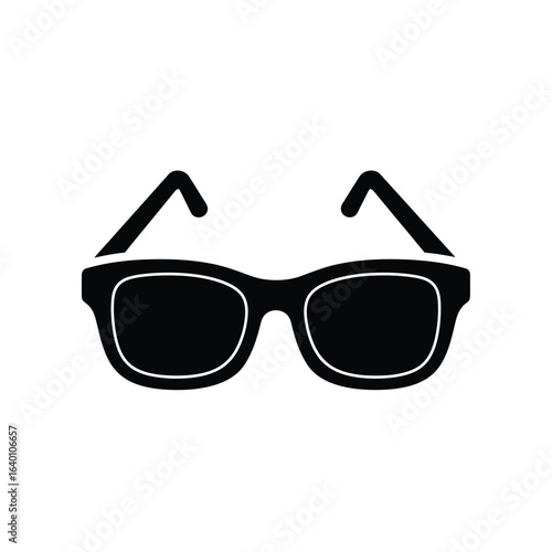 A black silhouette icon of classic wayfarer style sunglasses with dark lenses on a white background.