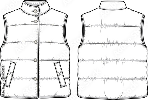 Quilted puffer vest flat sketch, sleeveless winter jacket front and back view, fashion clothing template, casual outerwear design illustration