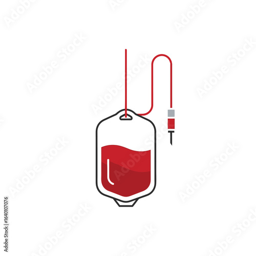 A simple vector illustration of a hanging blood bag for donation or transfusion, filled with red liquid and attached to a tube.