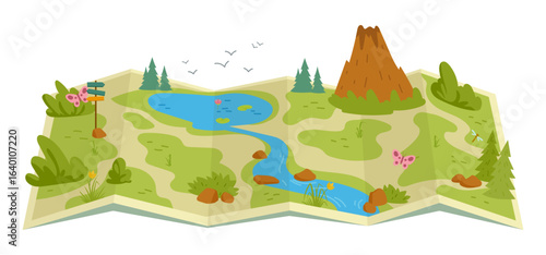 Cartoon hiking trail map. Wild nature terrain map, hiking route and destination, trees, lake and mountain elements on map flat vector illustration. Hiking track map