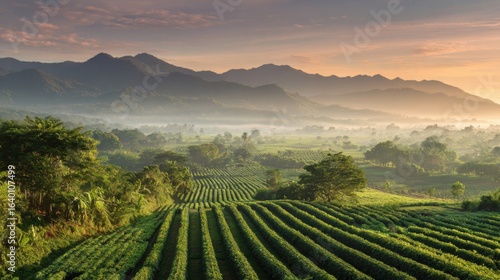 Wallpaper Mural A lush green field with a beautiful mountain range in the background. The sky is a mix of orange and pink hues, creating a serene and peaceful atmosphere Torontodigital.ca