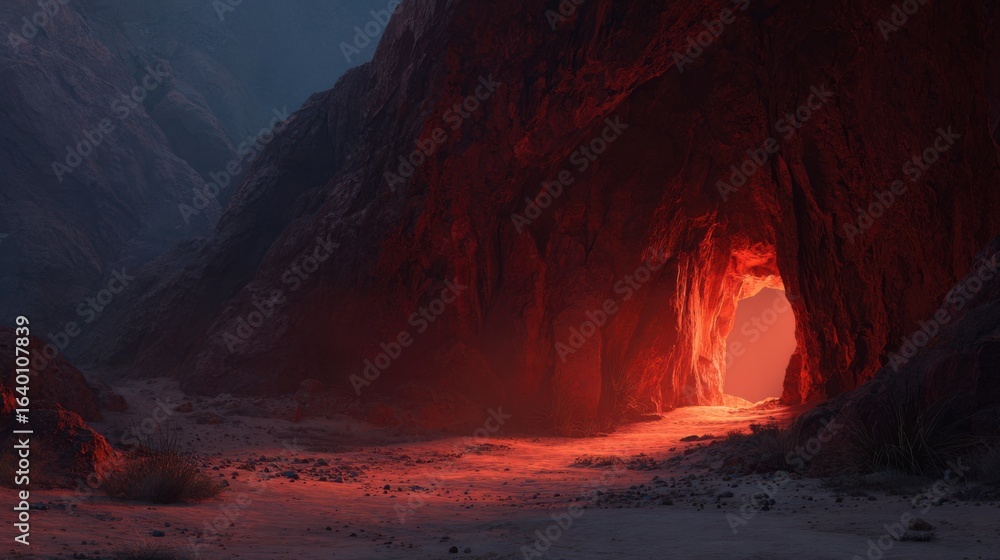Fototapeta premium A large, red cave with a small opening. The cave is surrounded by a rocky, barren landscape. Scene is mysterious and ominous, as the cave seems to be a place of unknown secrets and dangers