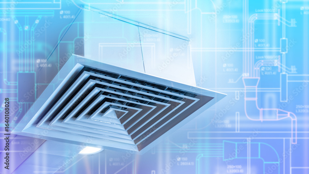 Fototapeta premium Modern HVAC ceiling air vent with digital engineering schematics in the background, representing ventilation design and air distribution. HVAC. Engineering. Building Systems.