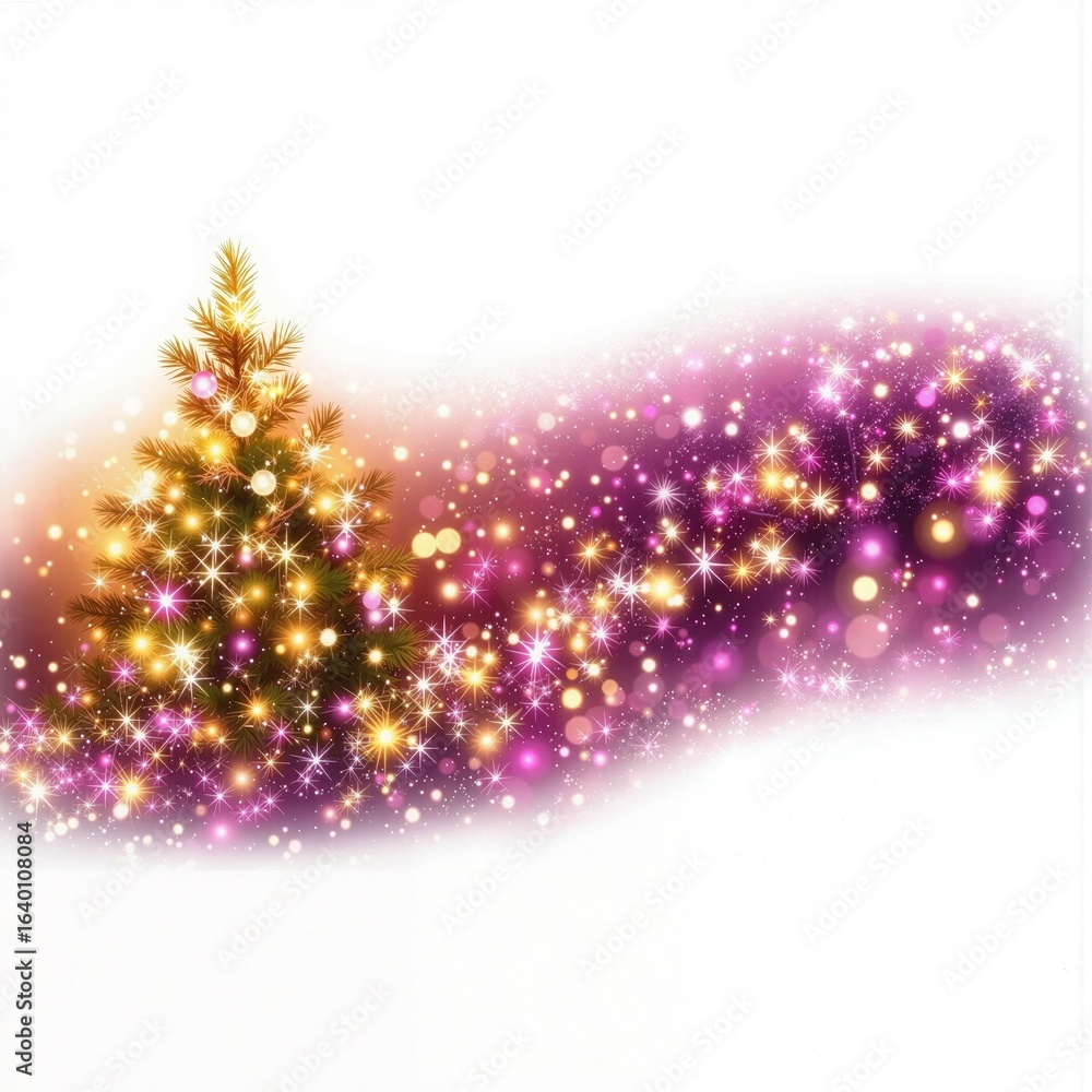 Fototapeta premium Glowing Christmas tree with golden and pink sparkling lights on a festive background, creating a magical, warm holiday atmosphere perfect for seasonal celebrations and winter decor