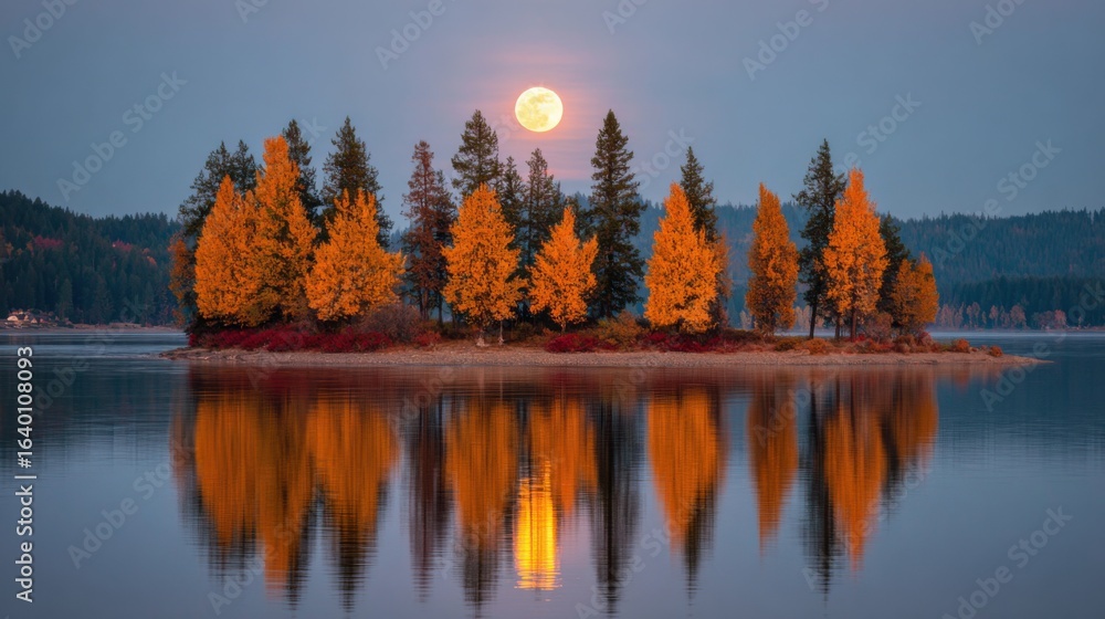 Obraz premium A small island with a lake and a full moon in the sky. The moon is reflecting on the water, creating a serene and peaceful atmosphere