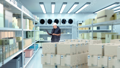 Foto Male worker with laptop checks inventory in climate-controlled cold storage room filled with boxes and shelves