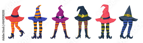 Witch stockings legs. Halloween funny witch legs looking out of hat, Halloween party elements flat vector illustration set. Witch headwear and stockings legs on white