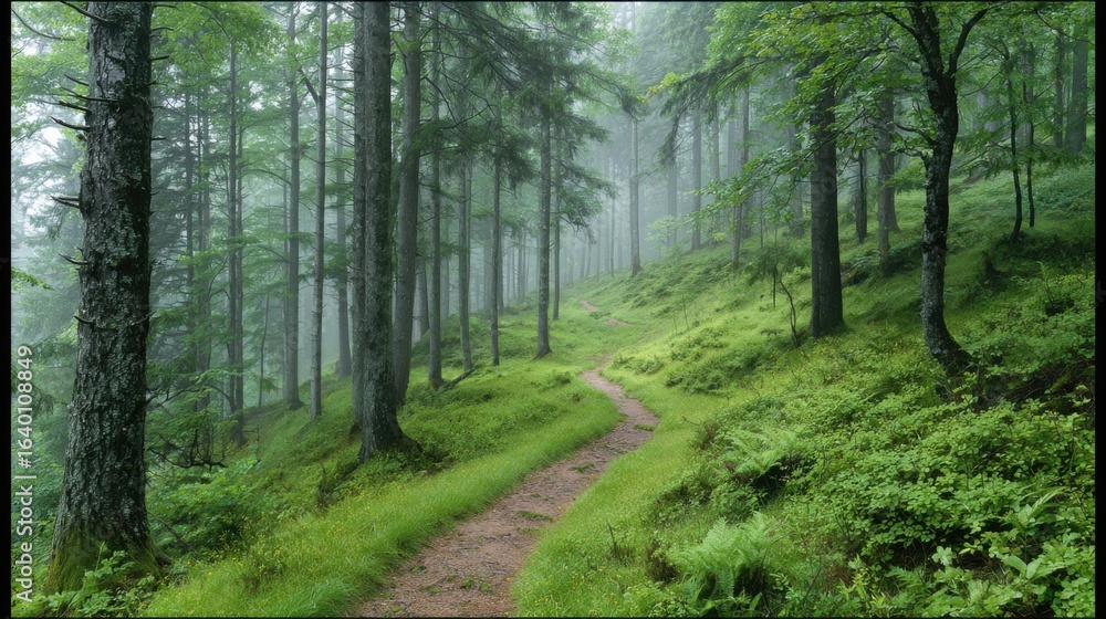 Obraz premium A forest path is shown in the rain. The trees are lush and green, and the path is muddy. Scene is peaceful and serene, as the rain creates a calming atmosphere