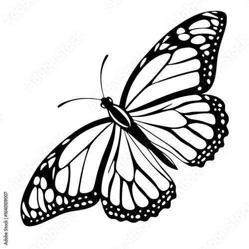 "Minimalist black and white vector silhouette of a monarch butterfly, centered and symmetrical, with finely detailed wing veins and circular markings, clean plain white background, no shading."