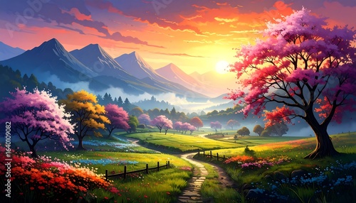 Colorful valley path sunrise landscape