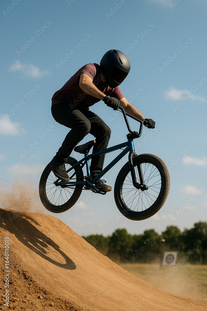 Fototapeta premium A BMX rider wearing a helmet launches into the air from a dirt jump on a sunny day.