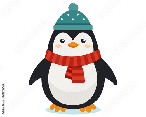 Adorable cartoon penguin wearing a teal pom pom hat and a striped red scarf standing on ice