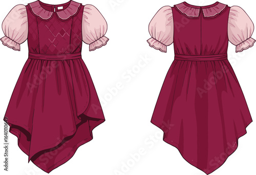 Girls burgundy dress with pink puff sleeves, Peter Pan collar, quilted bodice, and asymmetrical hem, front and back flat sketch