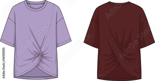 Women’s short sleeve twist front hem t-shirt fashion flat sketch vector template with crew neckline and relaxed fit, front-back view