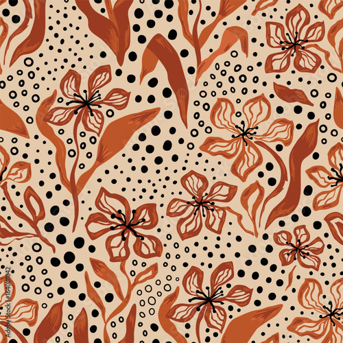 Floral polka dot animal skin seamless pattern. Cute hand drawn brown flowers and leaves, botanical dotted print, organic wallpaper, natural repeat background, textile design, fashion. Vector paper.