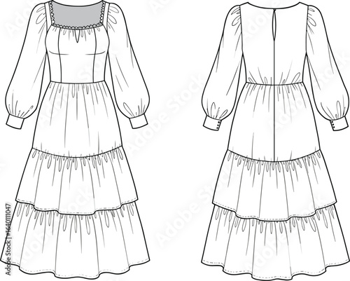 Women’s tiered long sleeve maxi dress fashion flat sketch vector template with square neckline, gathered panels, and cuffed sleeves
