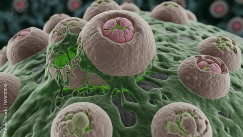 Microscopic View of Glowing Biological Structures with Organic Green Fluid