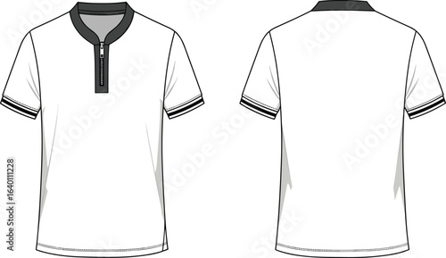 Men’s short sleeve zip collar t-shirt fashion flat sketch, contrast trim casual tee vector template front and back view