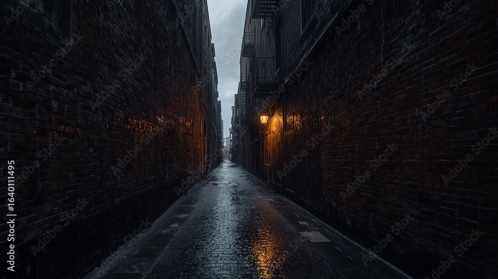 Fototapeta premium Dark urban alleyway with wet pavement and distant light