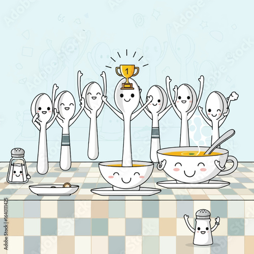 Cheerful anthropomorphic spoons and soup bowl celebrate victory with a trophy.
