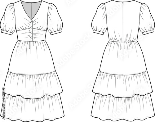 Vintage tiered midi dress fashion flat sketch, puff sleeve button front design, women’s apparel CAD drawing, technical garment vector template
