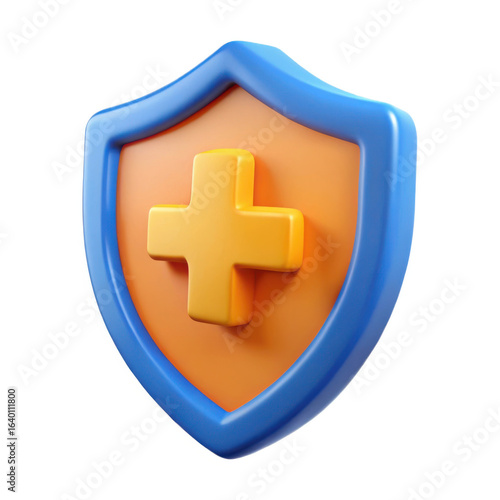 3d blue and orange shield with yellow cross isolated on transparent background