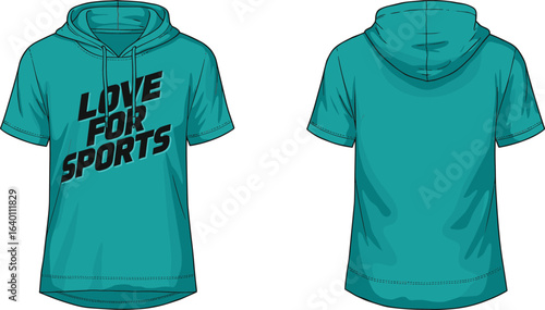 Short sleeve hoodie t-shirt flat sketch, sportswear vector CAD, activewear fashion template, “Love For Sports” print front and back view