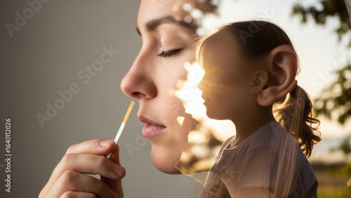 A double exposure portrait combining a woman smelling a perfume strip and a child in a sunlit field.
