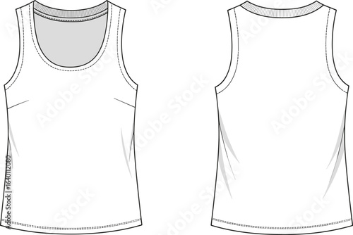Women’s tank top flat sketch, sleeveless shirt CAD, casual scoop neck top design, vector apparel template, fashion illustration, clothing pattern drawing
