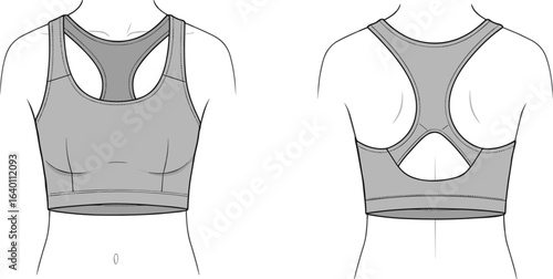 Women’s racerback sports bra flat sketch, athletic activewear top design, workout crop bra, CAD fashion drawing, vector illustration, clothing design template