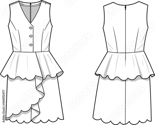 Women’s sleeveless peplum dress CAD with scalloped hem, asymmetrical ruffle front detail, buttoned V-neck bodice fashion flat template