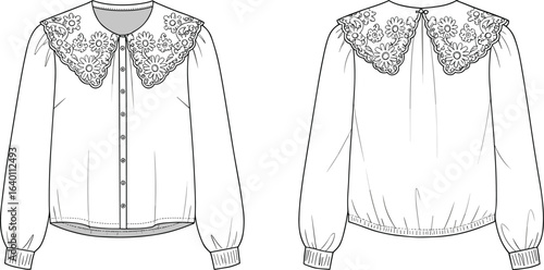 Women’s long sleeve blouse CAD with floral lace yoke, front button closure, round neckline, elastic hem fashion flat template