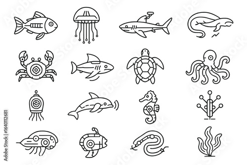 Seahorse aquatic mechanical scanner turtle probe squid icon robotic icons dorsal fish