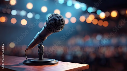 Close-up of a microphone on a stand in front of a blurred audience.