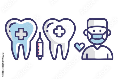 Dentist with healthy teeth and syringe icon representing dental care
