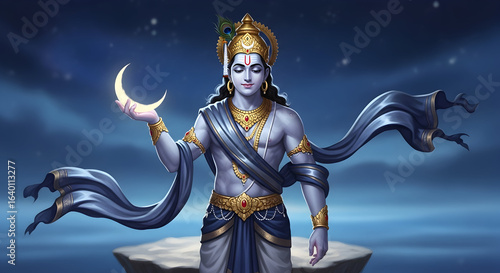 The hindu moon god Chandra Deva holding the crescent moon