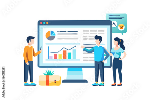 Team analyzing business growth charts and financial data on a large computer screen