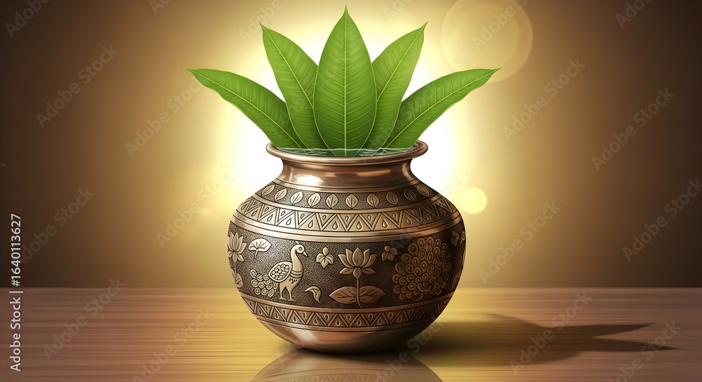 Traditional copper kalash pot with mango leaves for hindu rituals Traditional copper kalash pot with mango leaves for hindu rituals