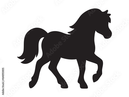 Black silhouette of pony prancing with elegant mane, isolated on white background. concept of horse, equestrian icon, animal logo, playful colt, design element
