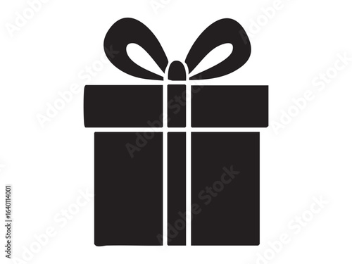 Black silhouette of wrapped gift with bow, isolated on white background. concept of present, celebration, surprise, holiday, packaging, icon, logo, design element.