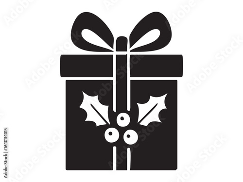 Black silhouette of Christmas gift box with bow and holly leaves, isolated on white background. concept of holiday present, festive decoration, christmas, celebration, icon, design element