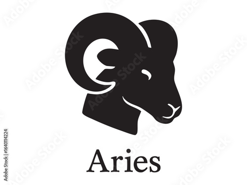 Black silhouette of aries zodiac sign with ram head isolated on white background. concept of astrology, horoscope, zodiac symbol, celestial sign, design element