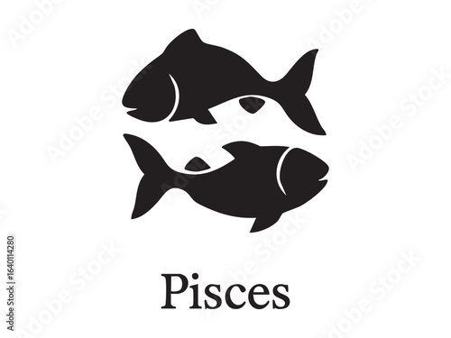 Black silhouette of pisces zodiac sign depicting two fish, isolated on white background. concept of astrology, horoscope, star sign, celestial symbols, nautical design element