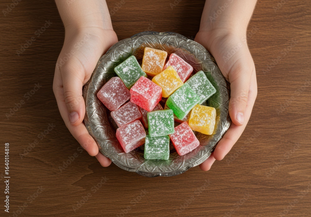 Fototapeta premium A child's hands tenderly offer a bowl of vibrantly colored Turkish delight candies