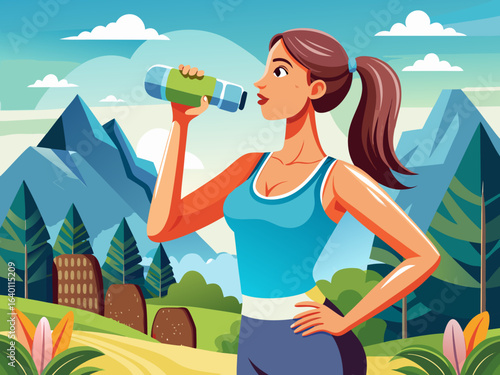 vector of Sportswoman drinking water from a bottle after fitness training outdoors...