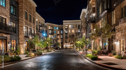Experience luxury urban living with this stunning modern apartment complex illuminated at night, showcasing elegant architecture and inviting streetscapes perfect for real estate marketing.