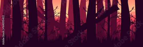 Immersive backdrop for an experiential Halloween event. Apocalyptic forest sunrise for a brand activation or virtual event.