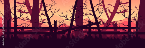 Dramatic Halloween event background for a creative agency pitch. Fiery forest sunrise for a high-concept brand campaign.